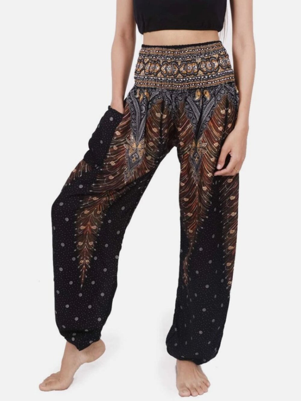 BOHEMIAN ISLAND OS Peacock Women's Smocked Waist Harem Hippie Boho Yoga Pant